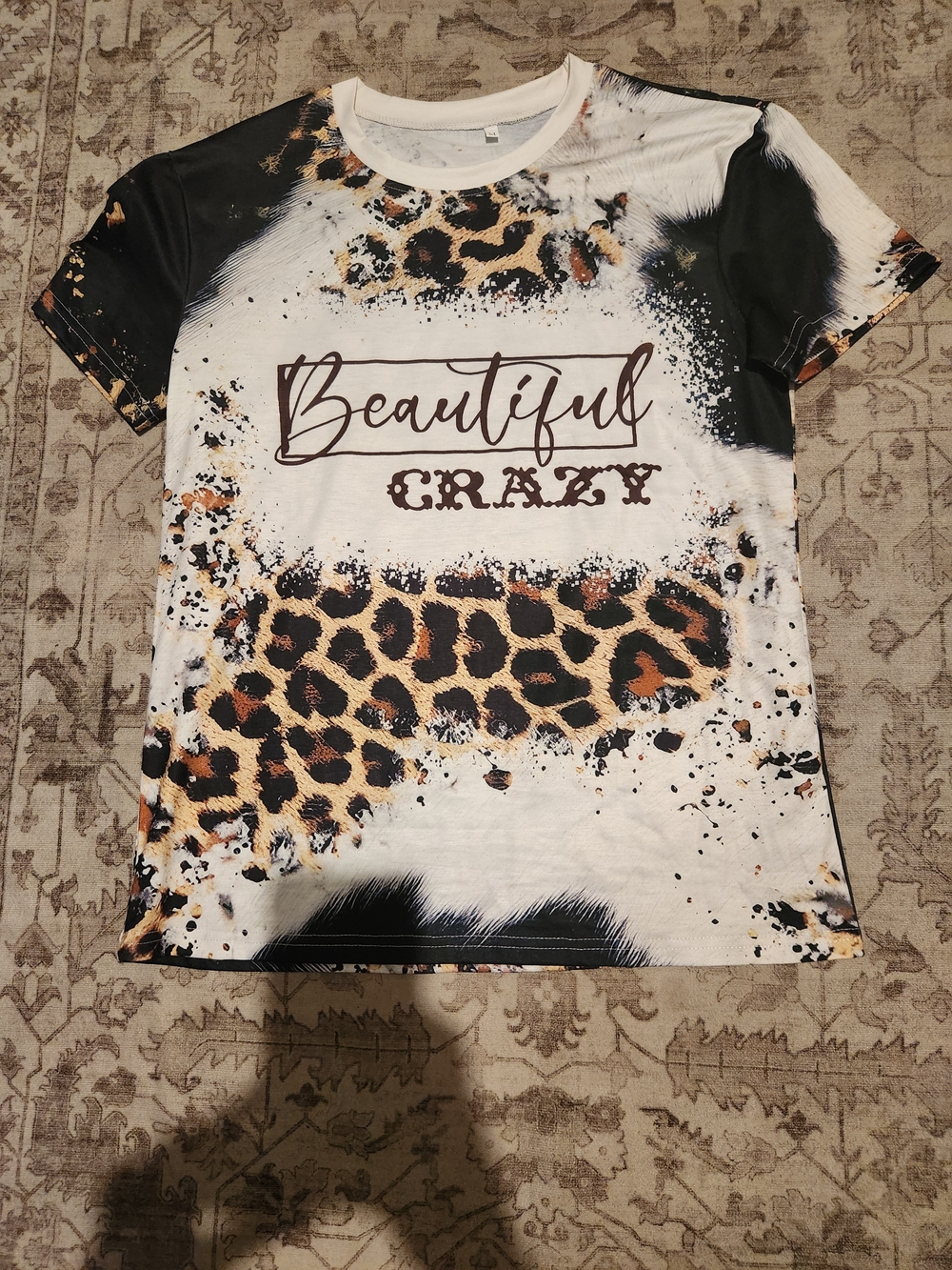 Women’s 'Beautiful Crazy' Leopard Print Short Sleeve Top - White/Black/Brown